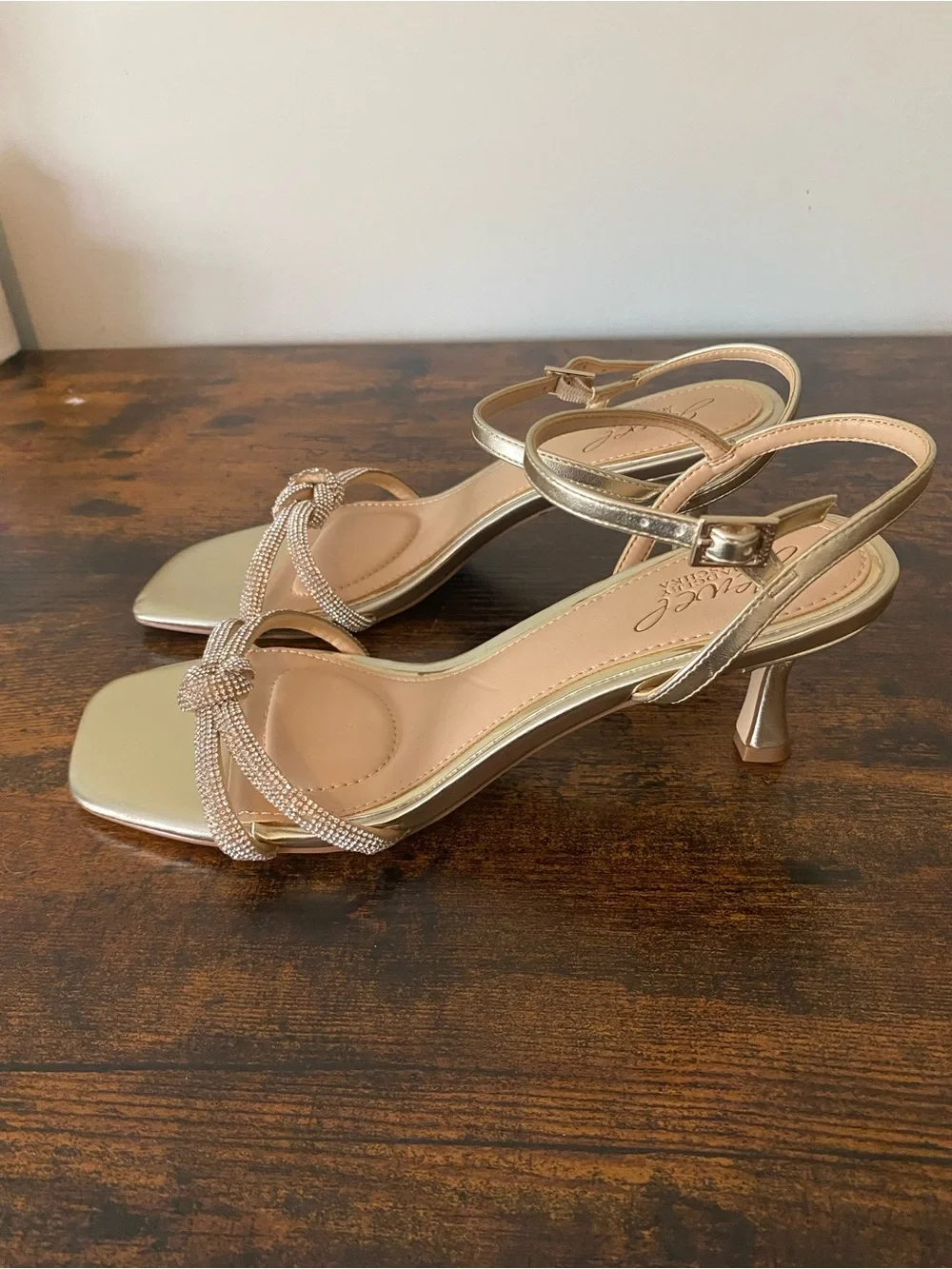 Jewel Badgley Mischka Gold Knotted Crystal-Strap Ankle Sandals